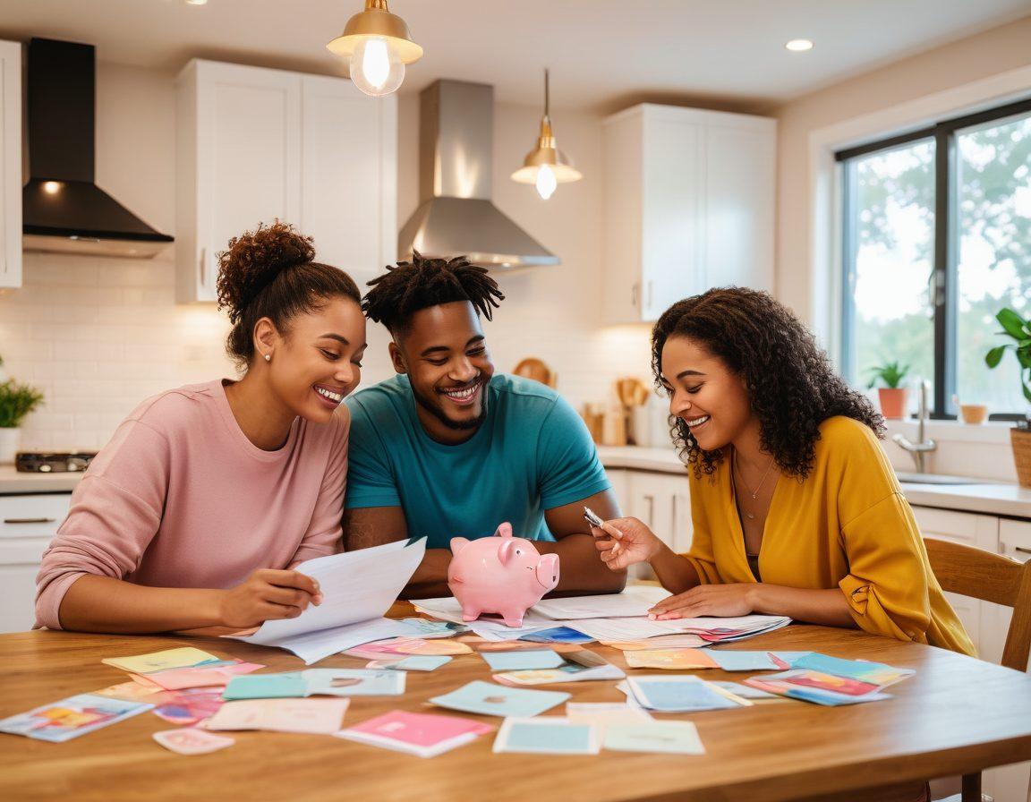 A couple sitting at a kitchen table, smiling and discussing their financial goals, surrounded by colorful envelopes labeled 'savings', 'debts', and 'budget', with a warm ambiance of love and positivity. A heart-shaped piggy bank and a vision board with dreams in the background emphasize hope and teamwork in financial wellness. super-realistic. vibrant colors. warm lighting.
