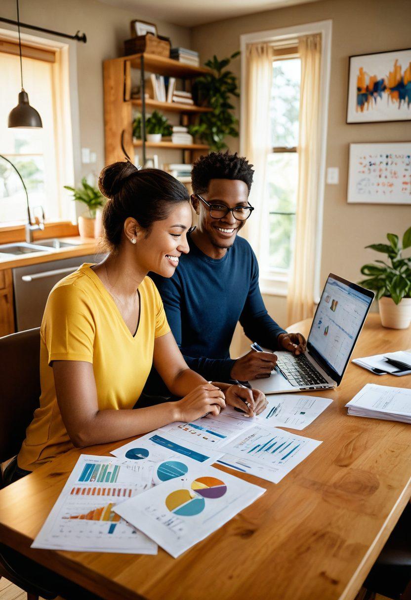 A couple sitting together at a well-organized table, reviewing their budget with a laptop and financial documents scattered around. They smile, symbolizing partnership and empowerment. A visual representation of rising financial charts in the background suggests growth and mastery. Soft, warm lighting to create an inviting atmosphere. super-realistic. vibrant colors. warm background.
