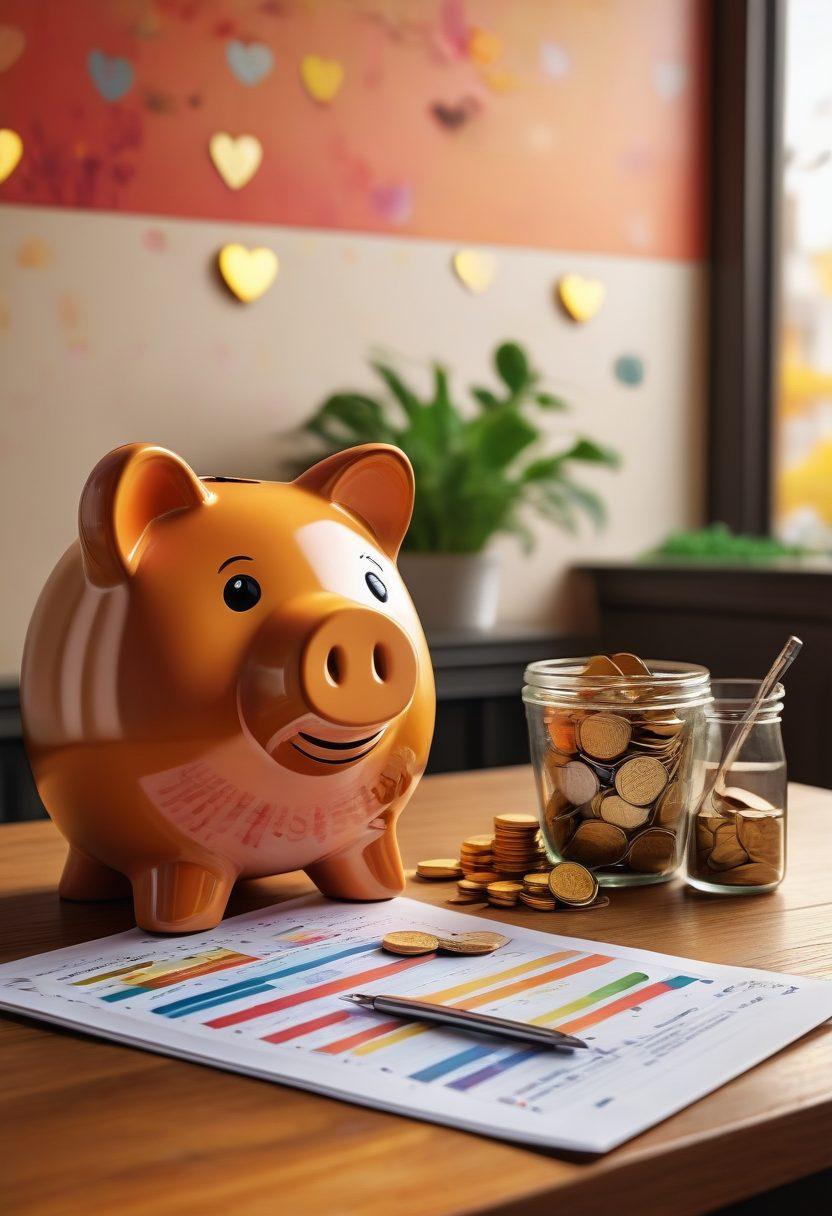 A stylish couple seated at a cozy café, joyfully discussing their finances with a laptop open to a colorful budgeting spreadsheet. Surround them with romantic elements like soft lighting, coffee cups, and heart-shaped decorations. Include symbols of wealth like a small piggy bank and gold coins. The scene should exude an atmosphere of love and collaboration in financial planning. vibrant colors. super-realistic.